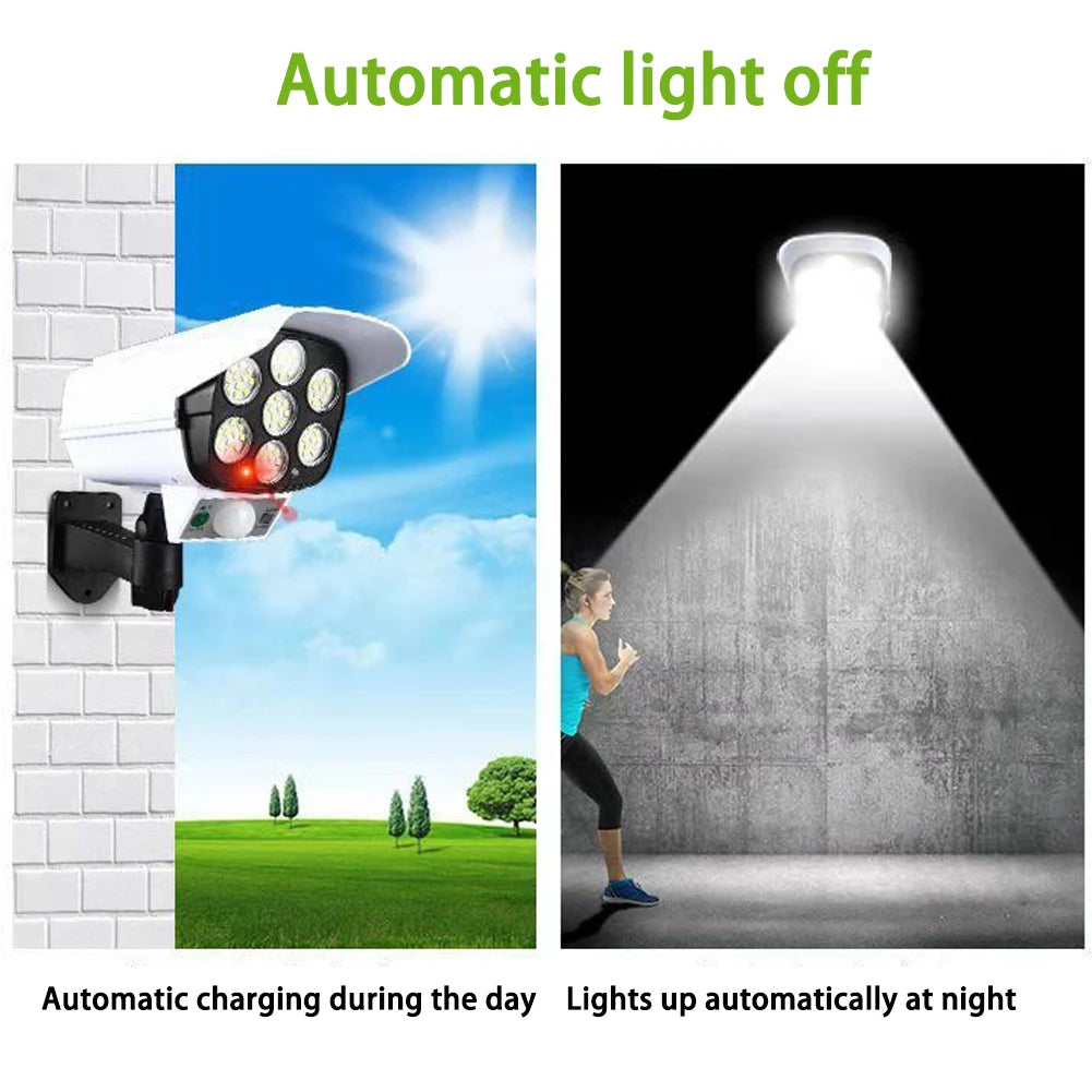 Caméra de Sécurité Factice Solaire 2 en 1 - Projecteur Solaire Extérieur avec Détecteur de Mouvement pour Jardin, Mur et Allée