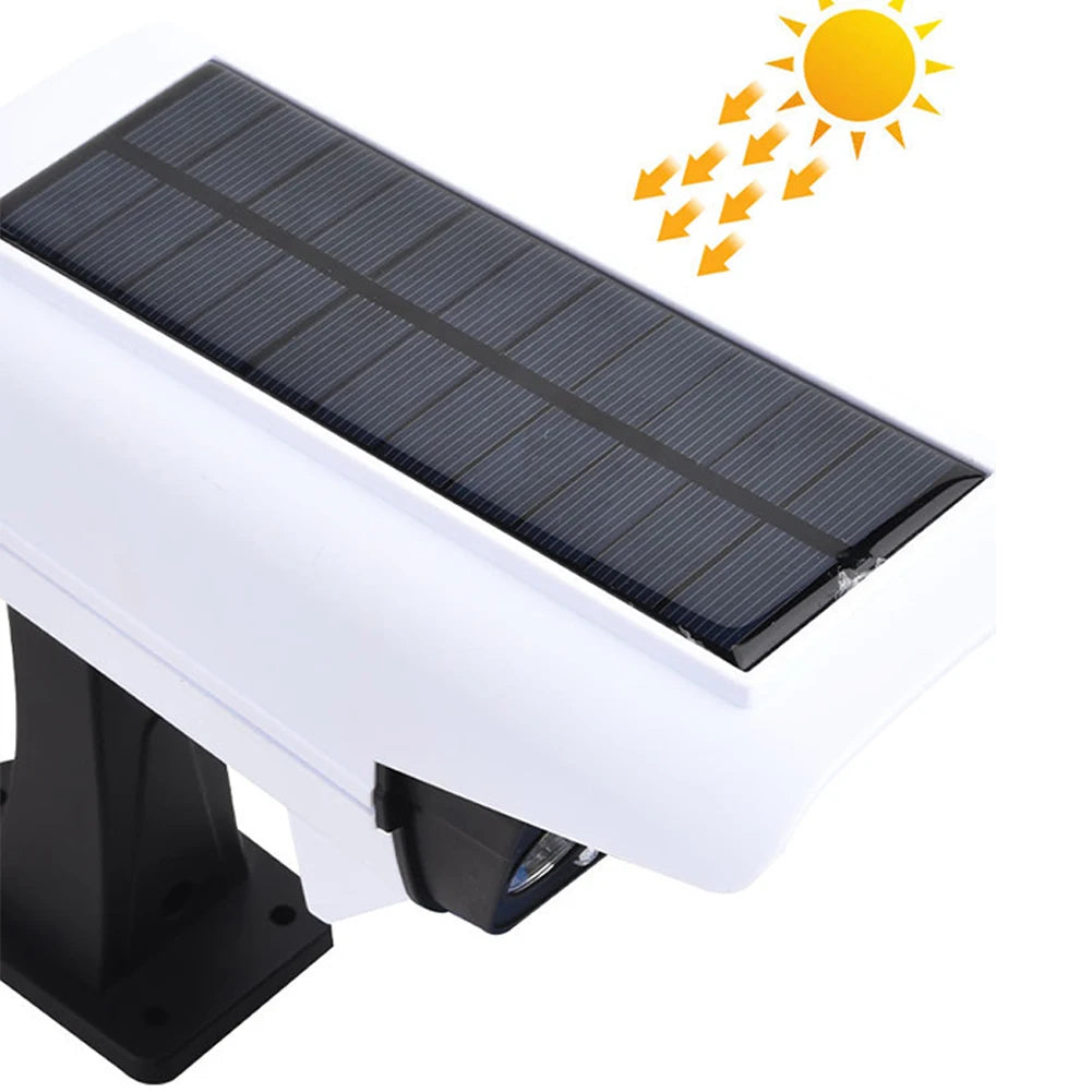 Caméra de Sécurité Factice Solaire 2 en 1 - Projecteur Solaire Extérieur avec Détecteur de Mouvement pour Jardin, Mur et Allée