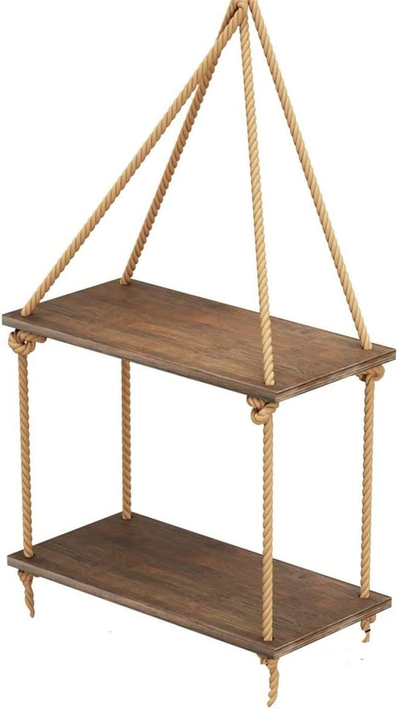 Étagère DOUBLE murale suspendue en bois rustique avec corde