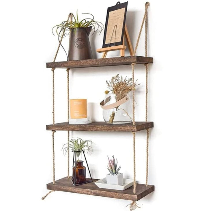 Triple Etagere murale suspendue en bois rustique avec corde