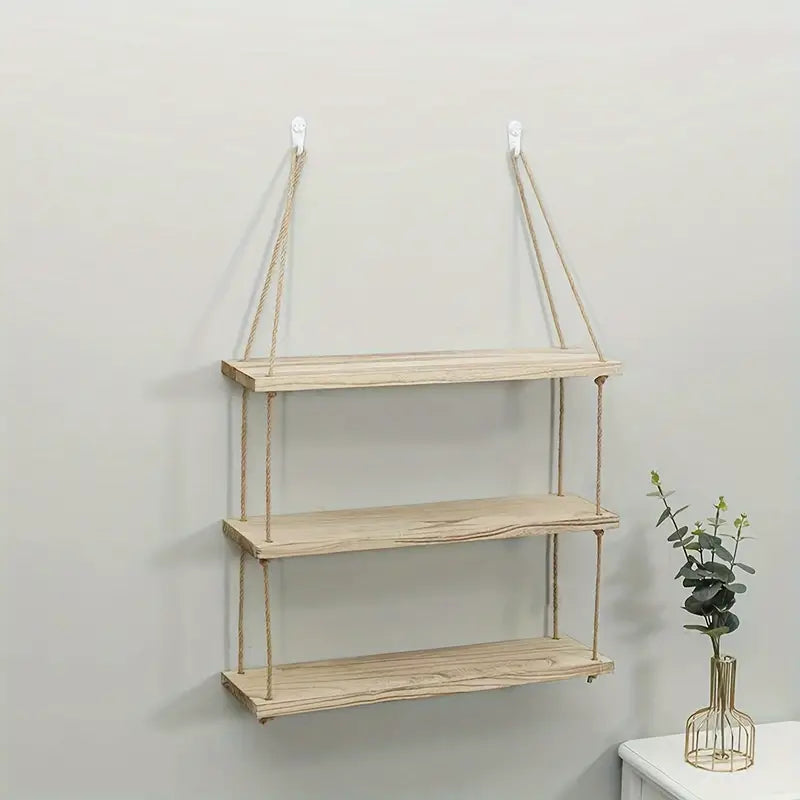Triple Etagere murale suspendue en bois rustique avec corde