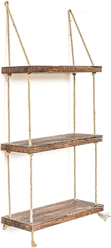 Triple Etagere murale suspendue en bois rustique avec corde