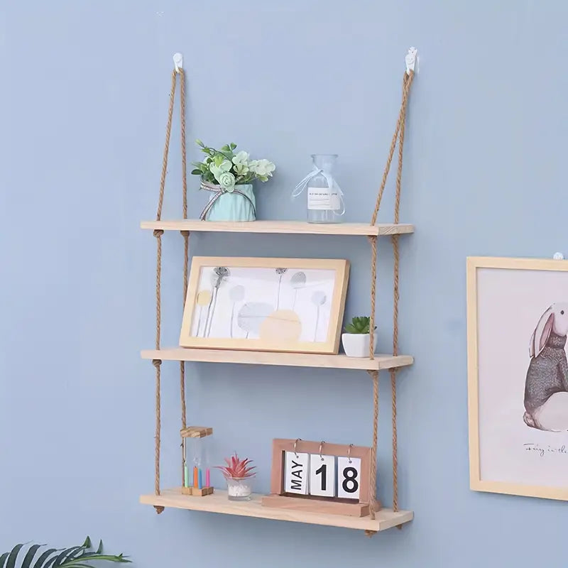 Triple Etagere murale suspendue en bois rustique avec corde