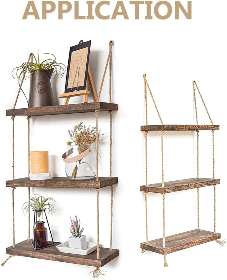 Triple Etagere murale suspendue en bois rustique avec corde