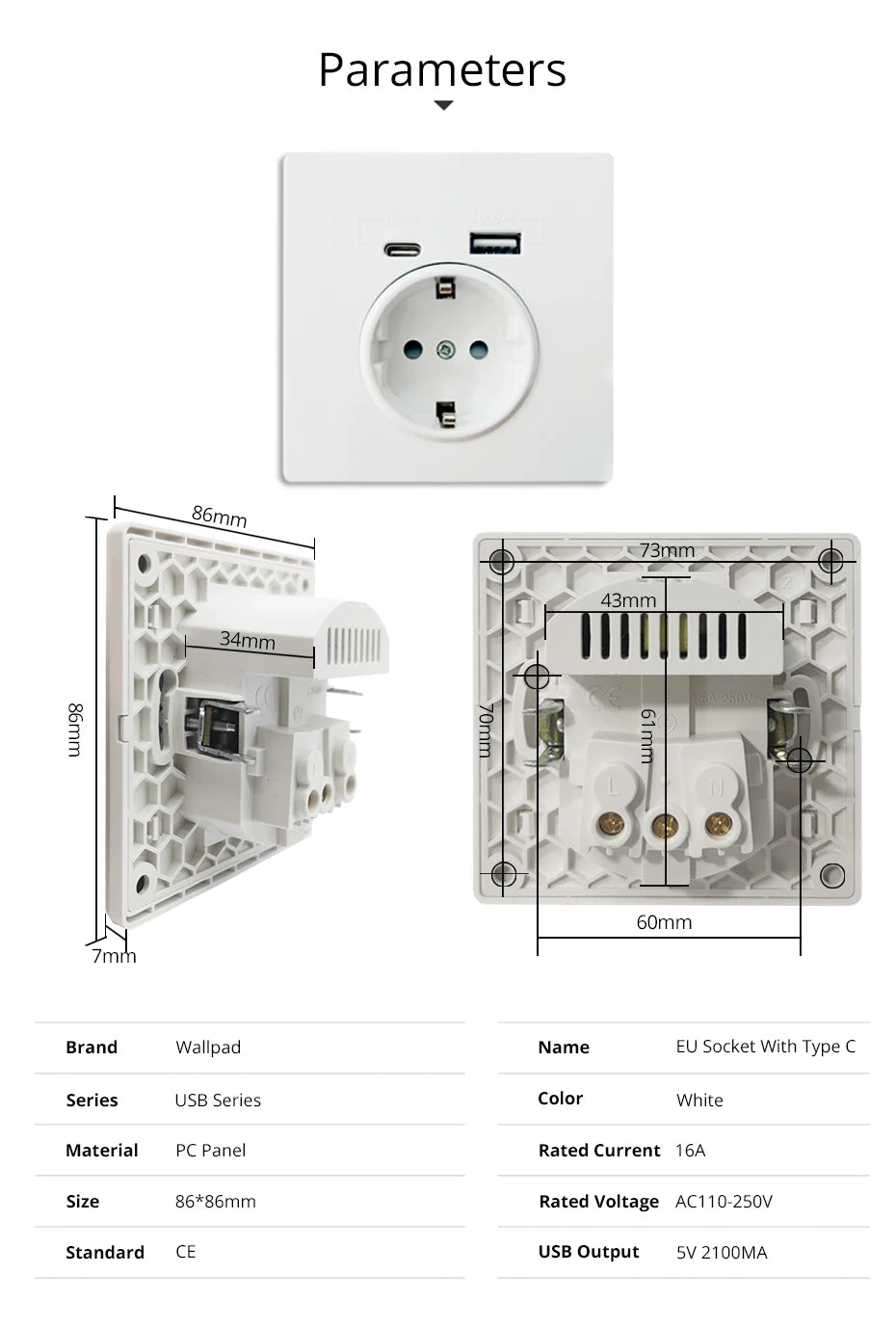 Prise murale européenne Wallpad avec ports USB et Type C